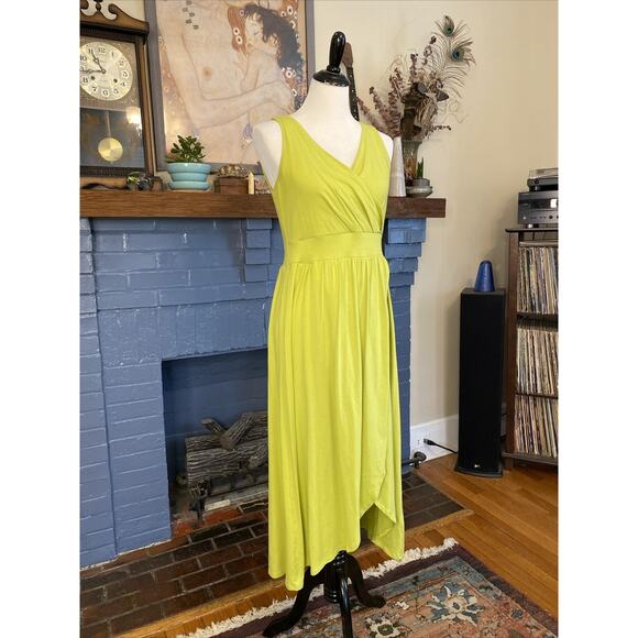 Lands End S 6-8 Lime Green MIDI Cotton Fit and Flare Dress Faux Wrap *read - Picture 2 of 11